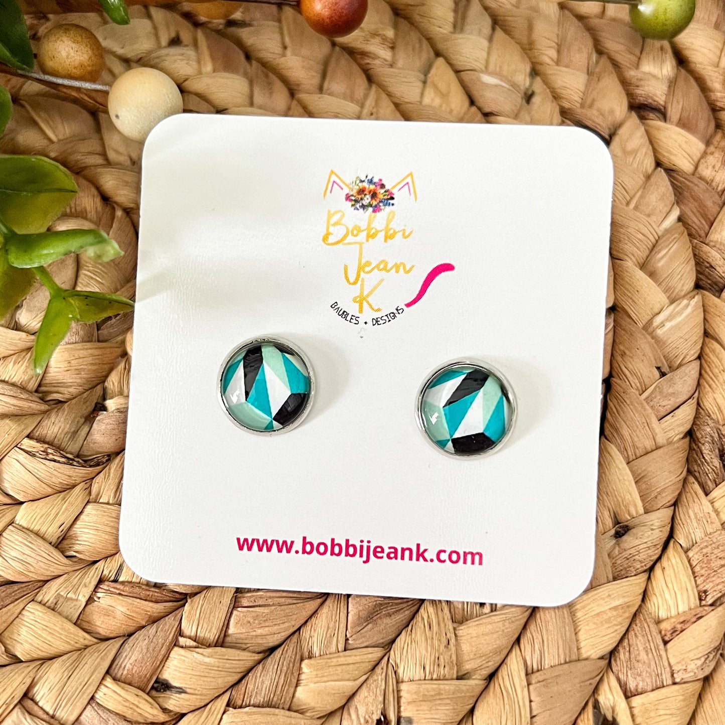 Abstract Blue & Green Glass Studs 12mm: Choose Silver or Gold Settings