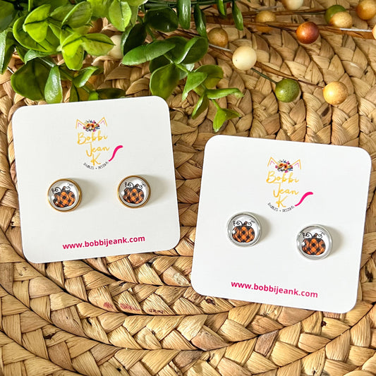 Plaid Pumpkin Glass Studs 12mm: Choose Silver or Gold Settings - ONLY ONE LEFT