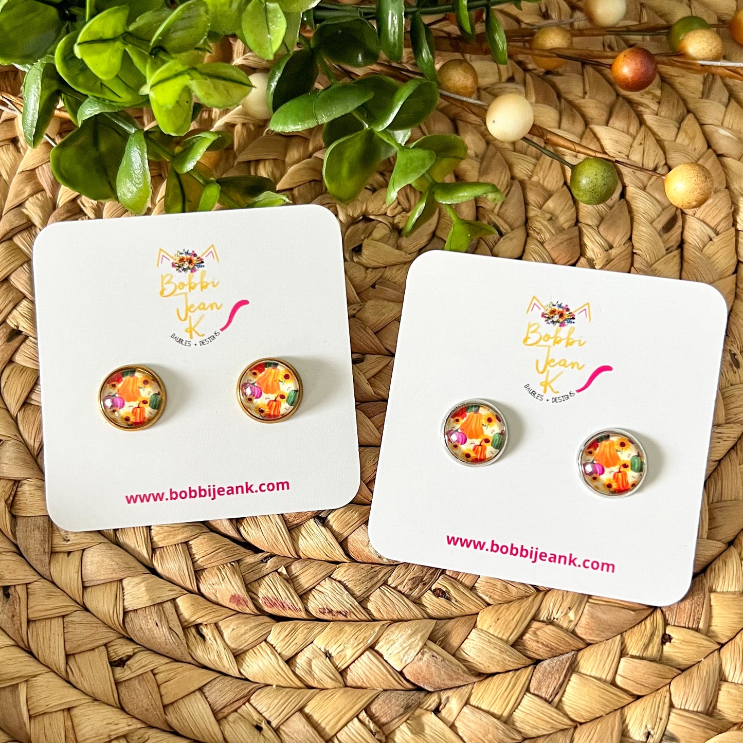 Sunflower & Pumpkin Glass Studs 12mm: Choose Silver or Gold Settings - LAST CHANCE