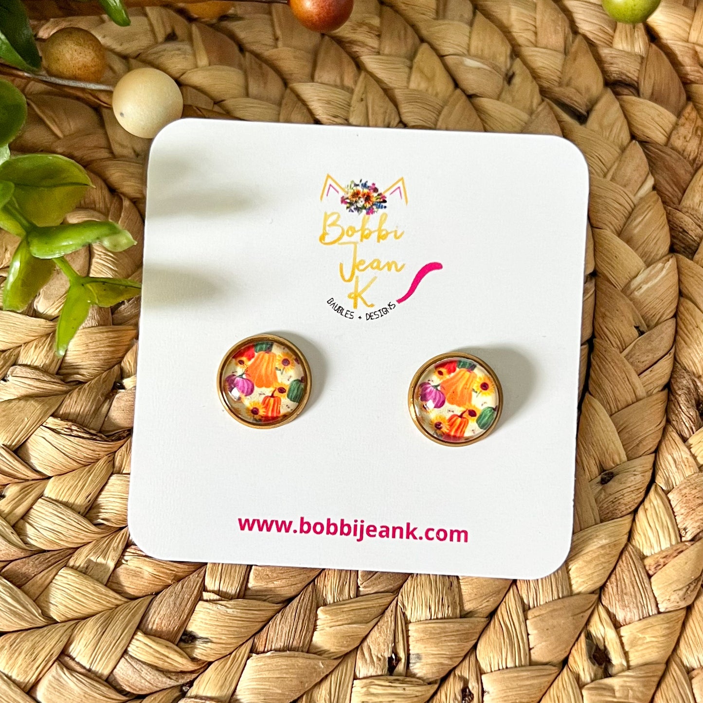 Sunflower & Pumpkin Glass Studs 12mm: Choose Silver or Gold Settings - LAST CHANCE