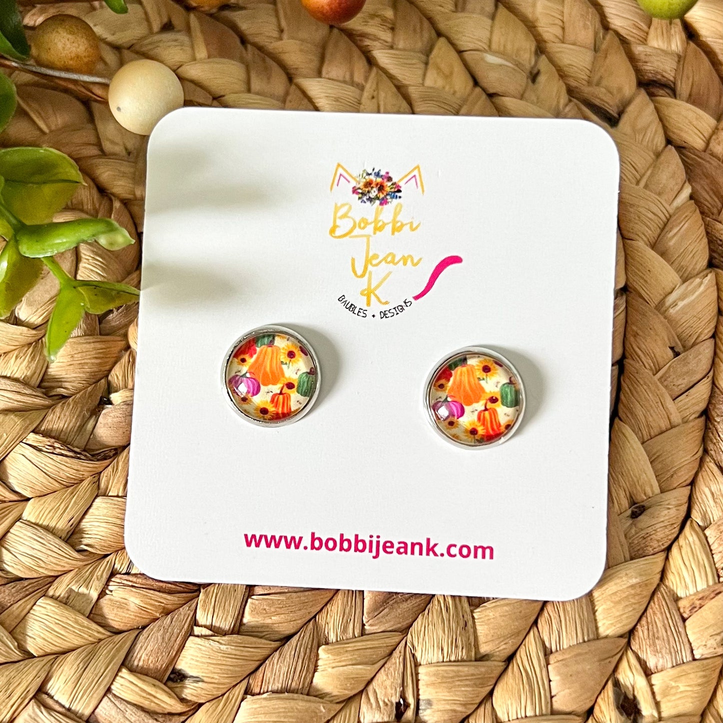 Sunflower & Pumpkin Glass Studs 12mm: Choose Silver or Gold Settings - LAST CHANCE