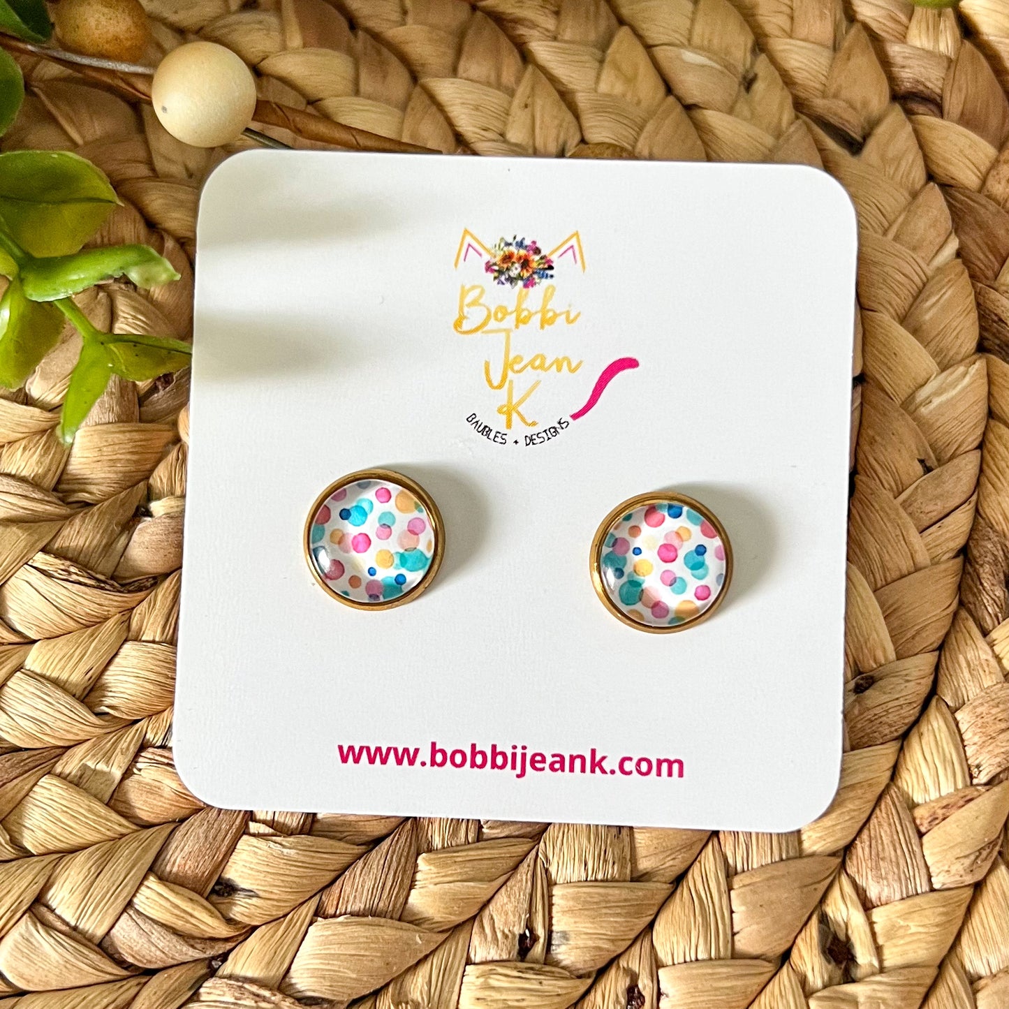 Watercolor Dots Glass Studs 12mm: Choose Silver or Gold Settings