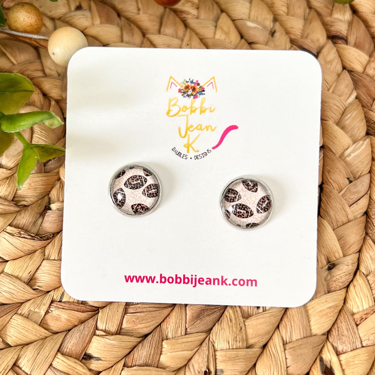 Leopard Football Glass Studs 12mm: Choose Silver or Gold Settings