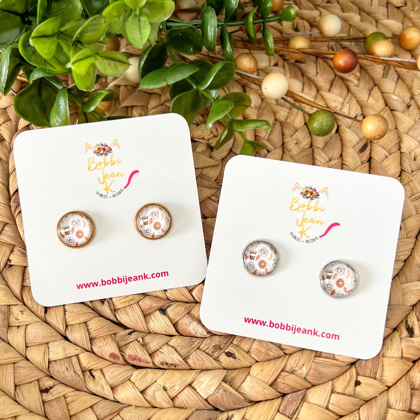 Coffee & Donuts Glass Studs 12mm: OPEN ITEM TO CHOOSE SILVER OR GOLD SETTINGS
