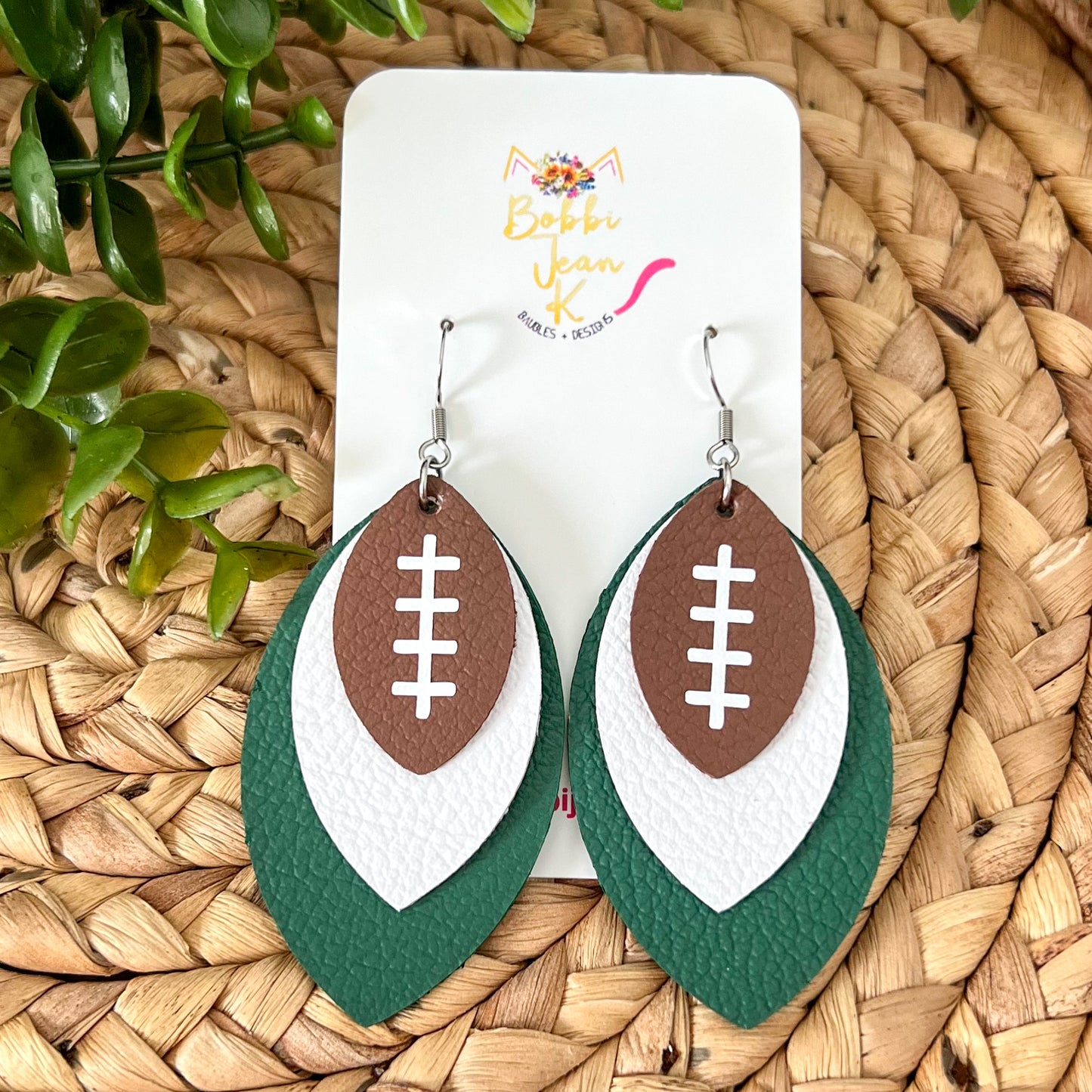 White & Green Layered Leaf Football Leather Earrings
