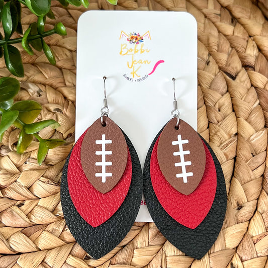 Red & Black Layered Leaf Football Leather Earrings