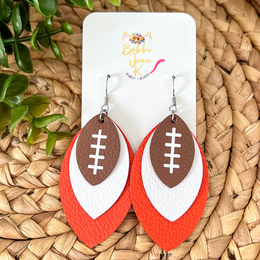 White & Orange Layered Leaf Football Leather Earrings