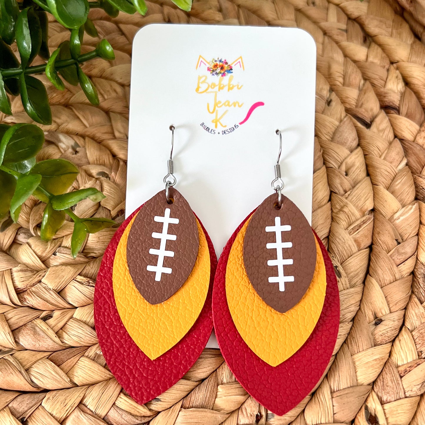 Mustard/Gold & Red Layered Leaf Football Leather Earrings