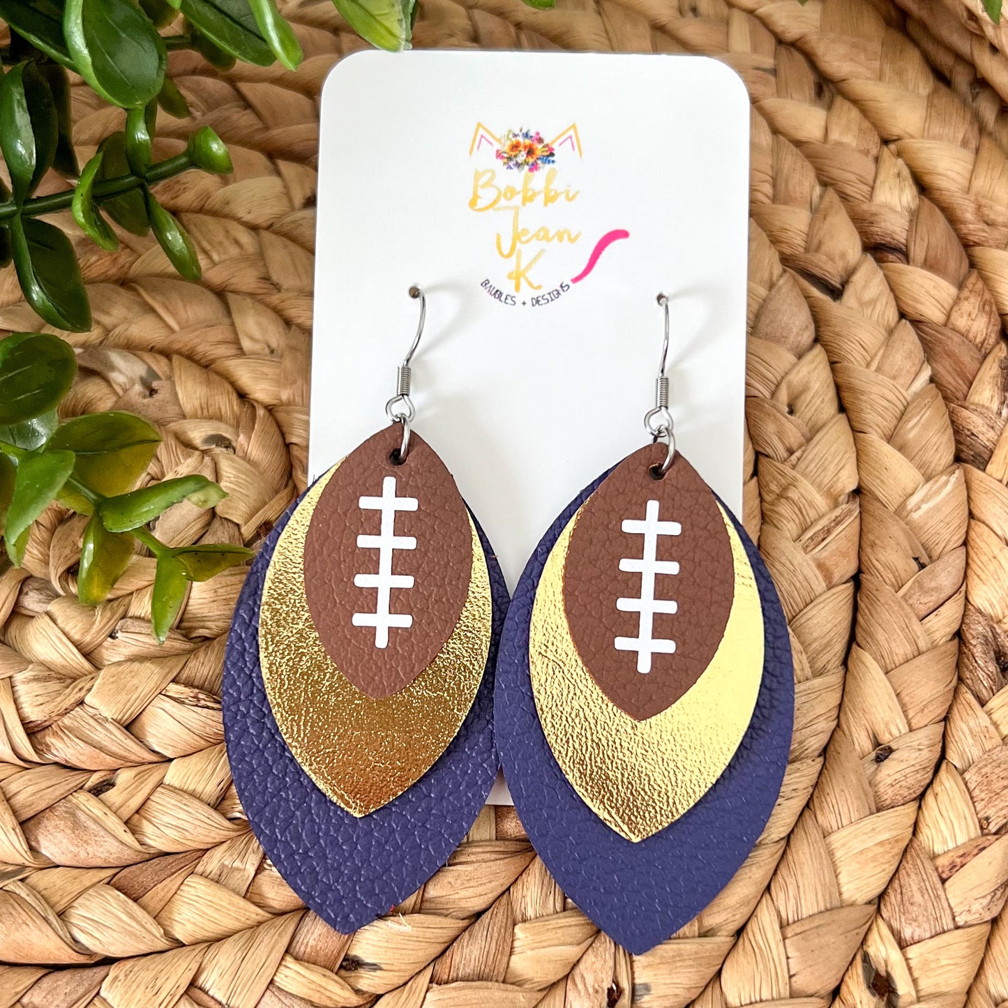 Metallic Gold & Purple Layered Leaf Football Leather Earrings