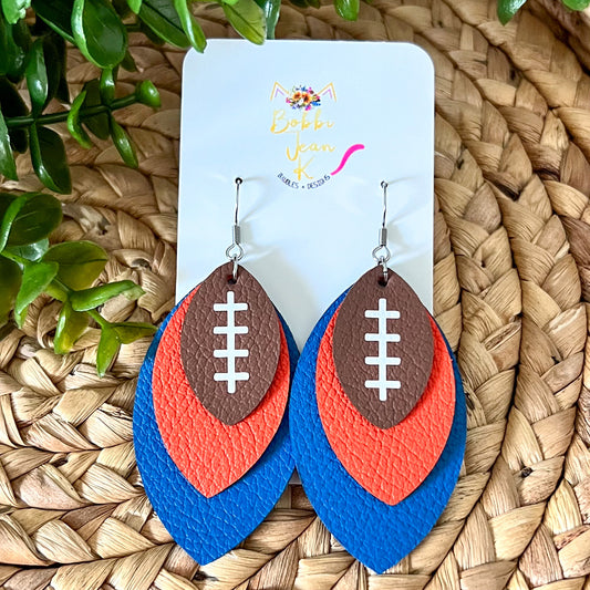 Orange & Blue Layered Leaf Football Leather Earrings