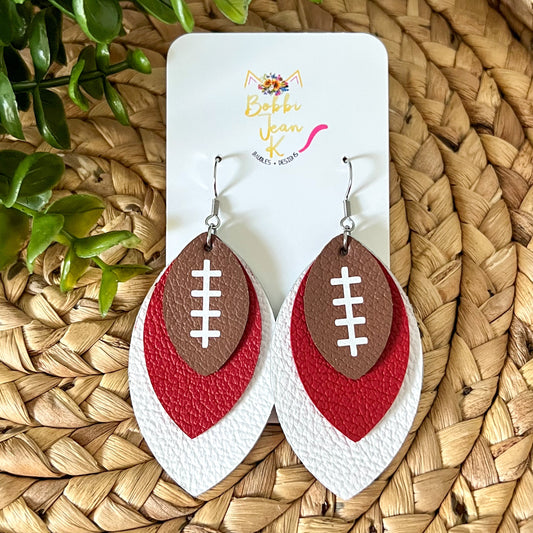 Red & White Layered Leaf Football Leather Earrings