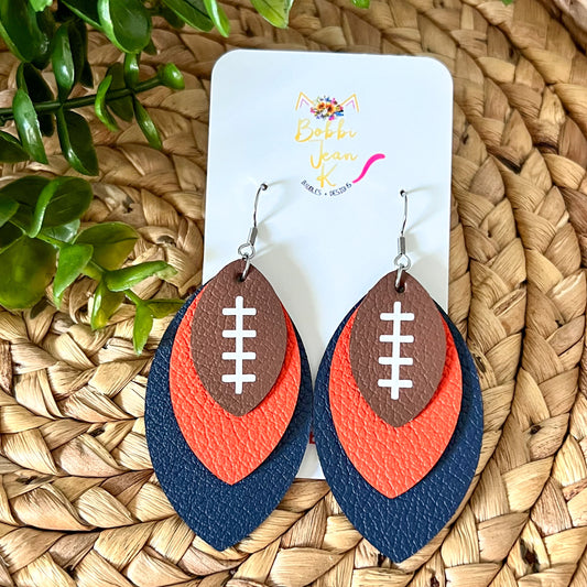 Orange & Navy Layered Leaf Football Leather Earrings