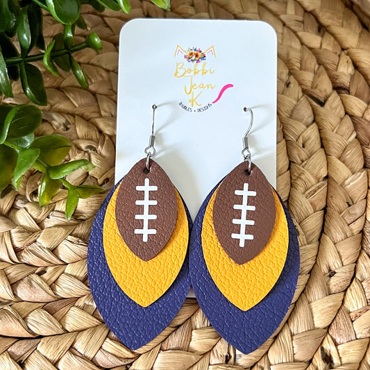 Mustard/Gold & Purple Layered Leaf Football Leather Earrings