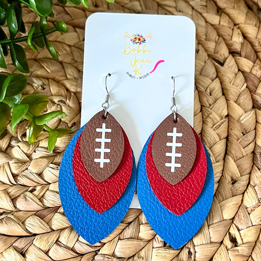 Red & Blue Layered Leaf Football Leather Earrings