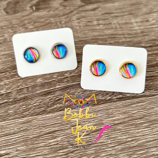Rainbow Swirl 8mm Glass Studs: Choose Silver or Gold Settings