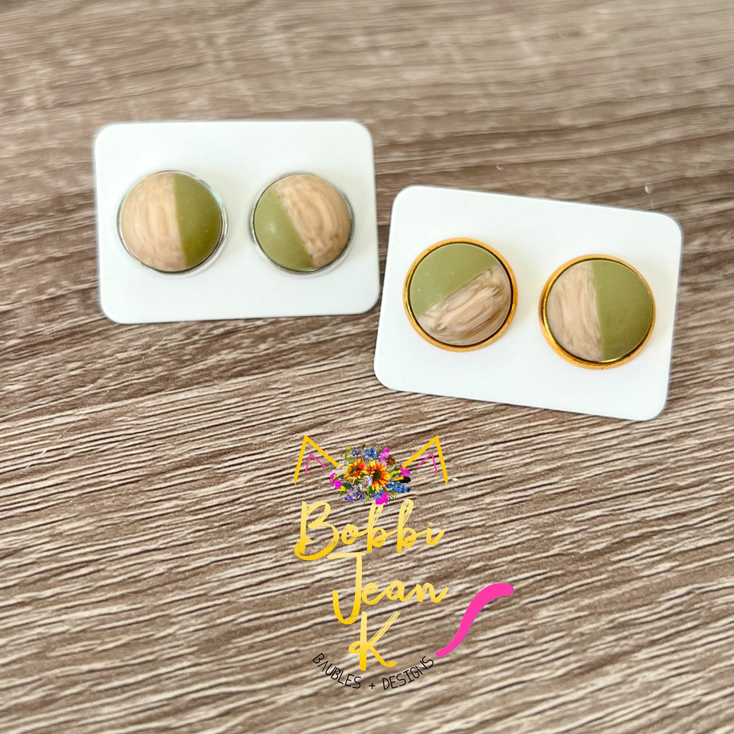 Olive Green & Wood Studs: Choose Silver or Gold Settings