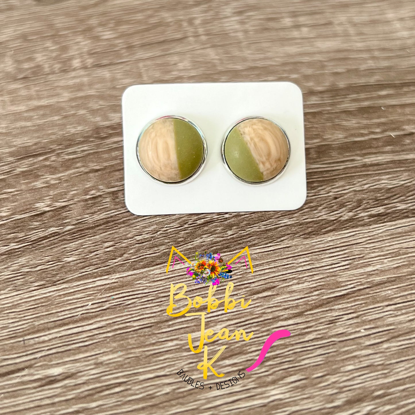 Olive Green & Wood Studs: Choose Silver or Gold Settings