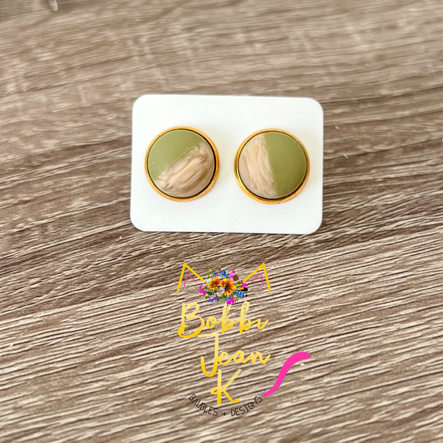 Olive Green & Wood Studs: Choose Silver or Gold Settings