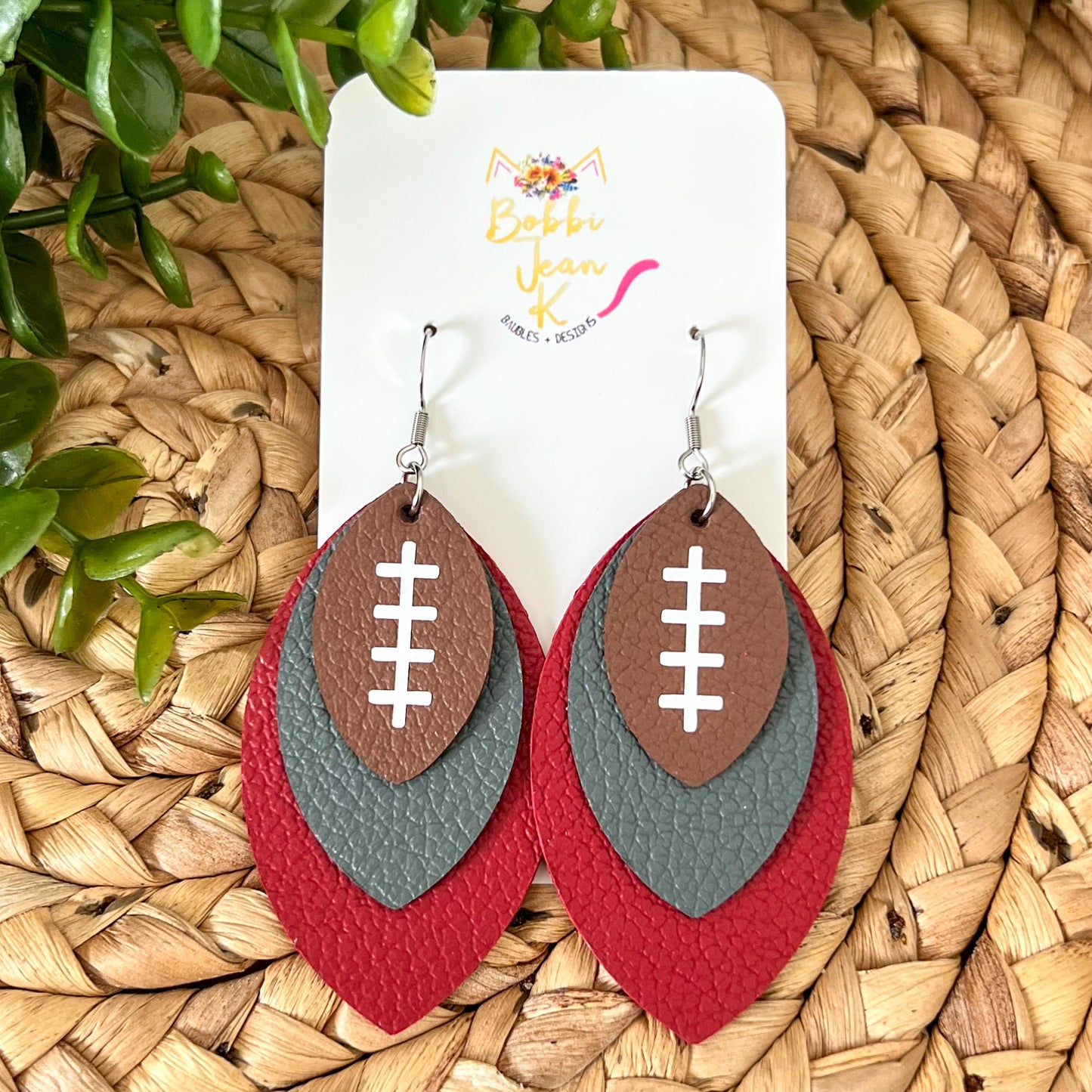 Red & Navy Layered Leaf Football Leather Earrings