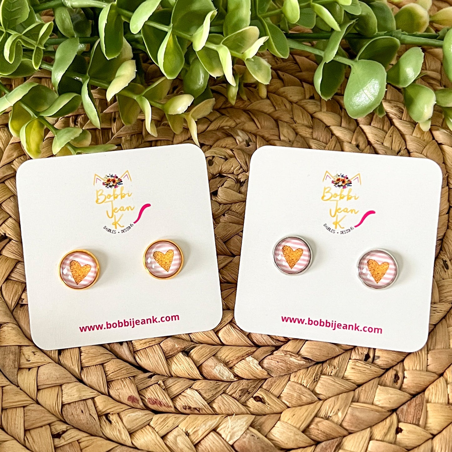Gold Heart & Pink Striped Glass Studs 12mm: Choose Silver or Gold Settings
