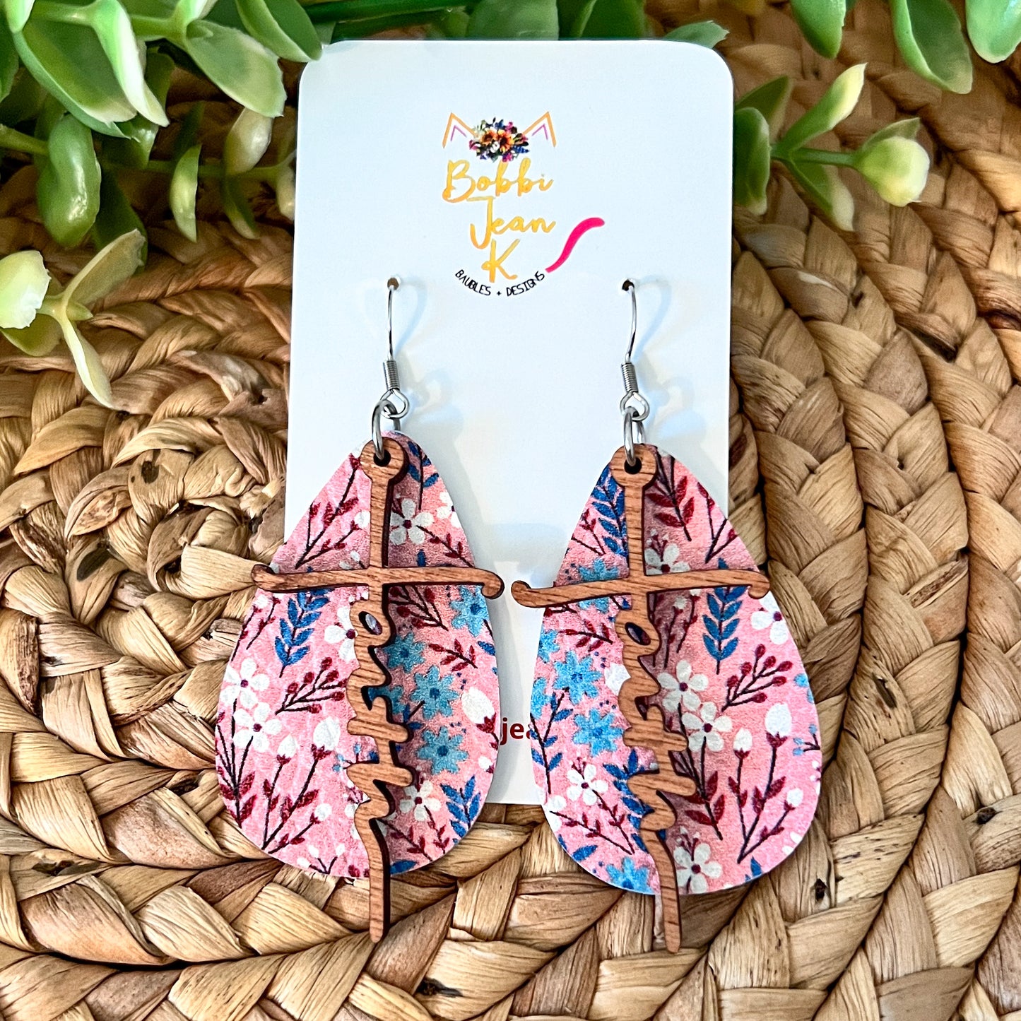 Faith, Believe, Blessed Floral Rounded Teardrop Leather Earrings with Maple Stained Wood Word Overlay - LAST CHANCE