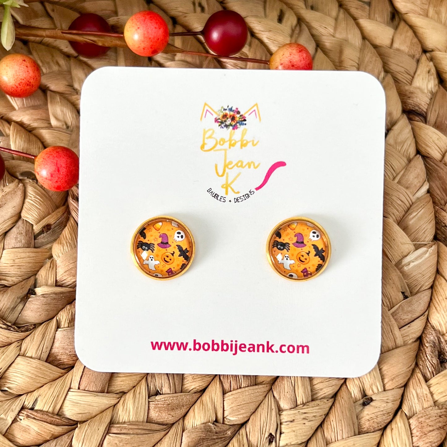 Halloween "Doodles" Glass Studs 12mm: OPEN ITEM TO CHOOSE SILVER OR GOLD SETTINGS