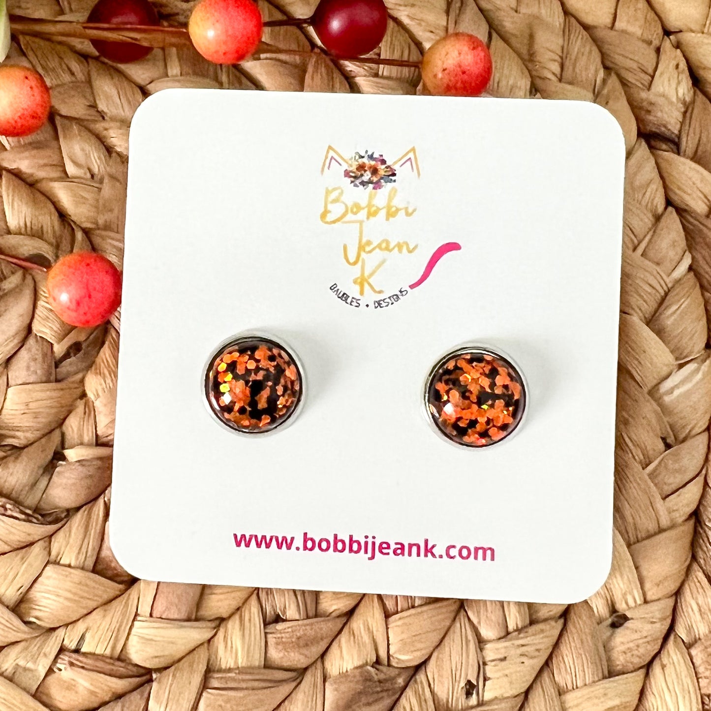 Orange & Black Glitter Studs 12mm: Choose Silver or Gold Settings