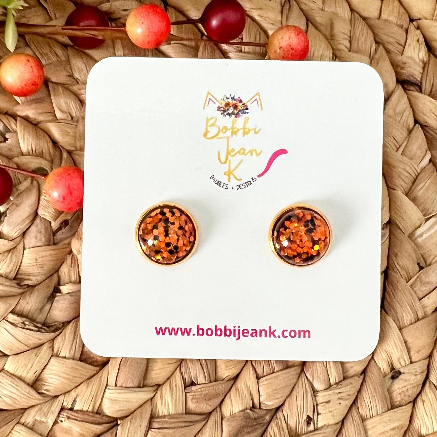 Orange & Black Glitter Studs 12mm: Choose Silver or Gold Settings