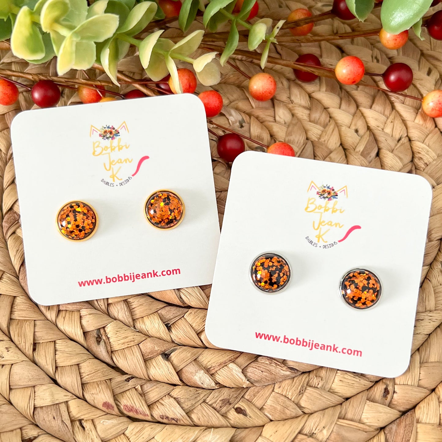 Orange & Black Glitter Studs 12mm: Choose Silver or Gold Settings