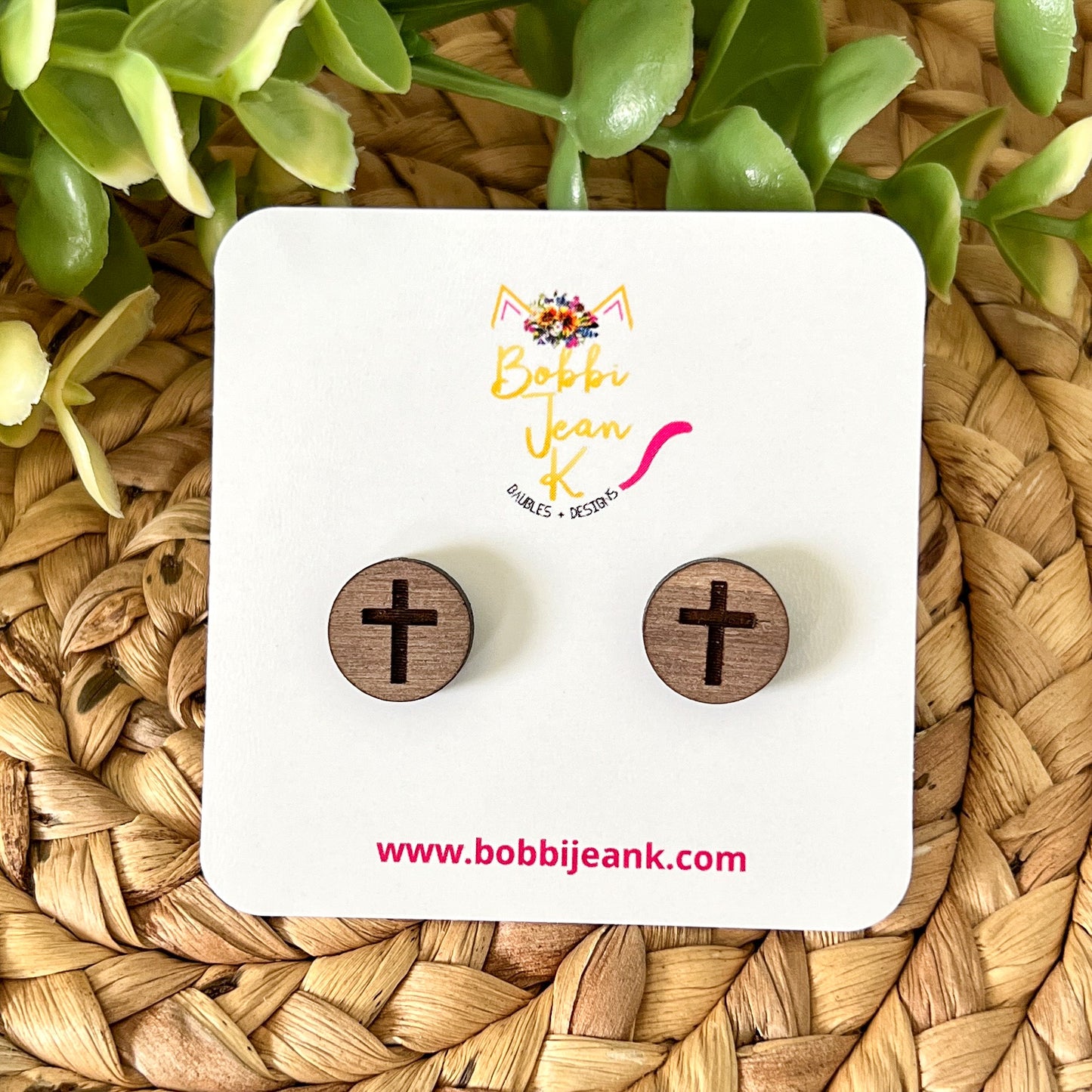 Engraved Cross Wood Studs: Choose From 3 Wood Options
