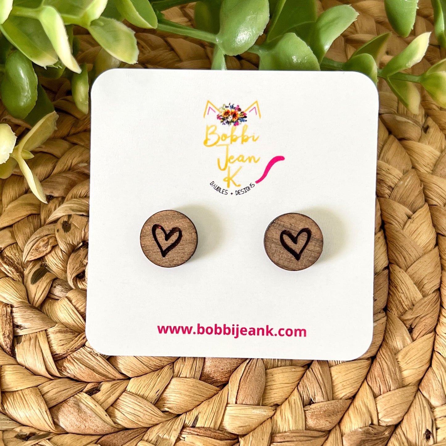 Engraved Heart Wood Studs: Choose From 3 Wood Options