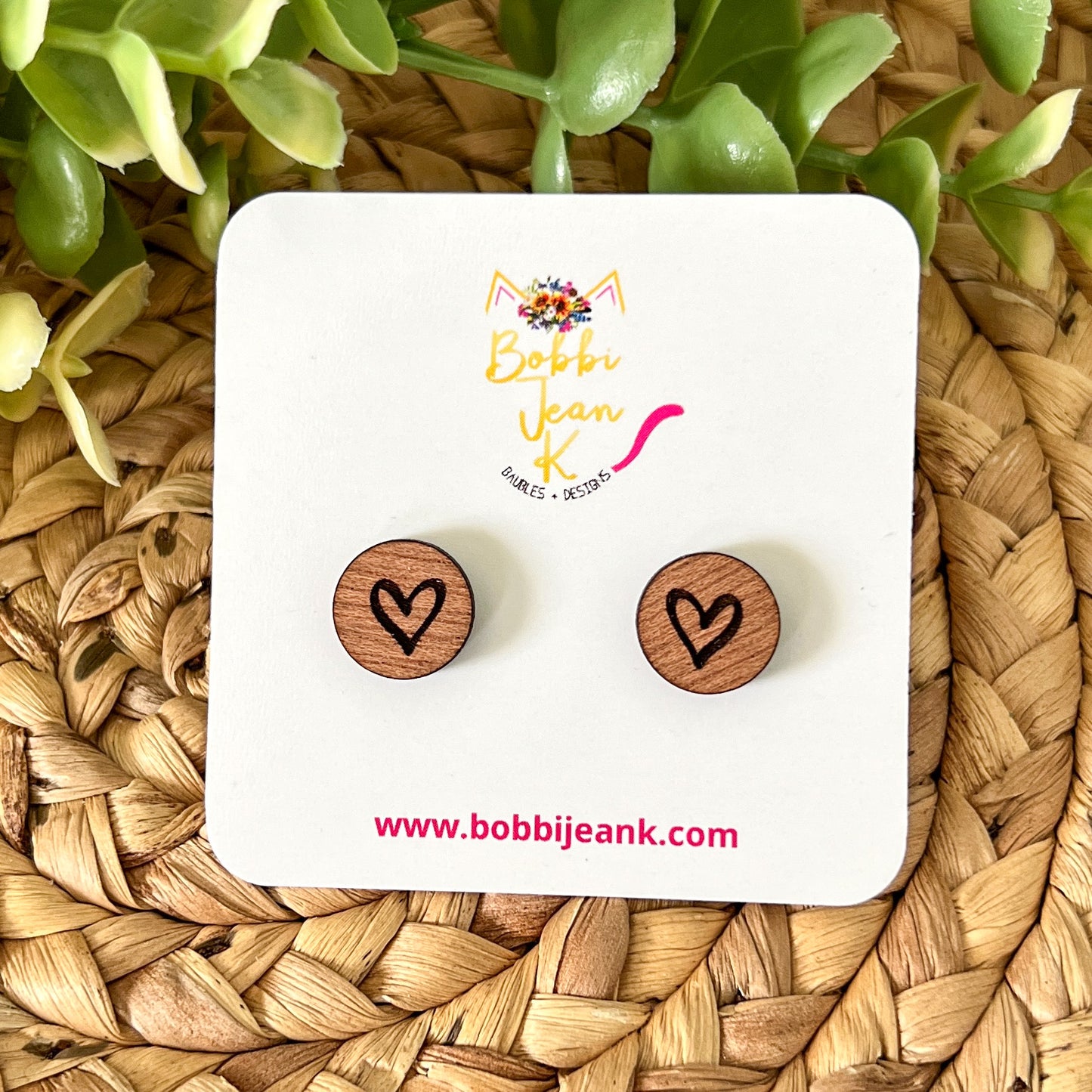 Engraved Heart Wood Studs: Choose From 3 Wood Options