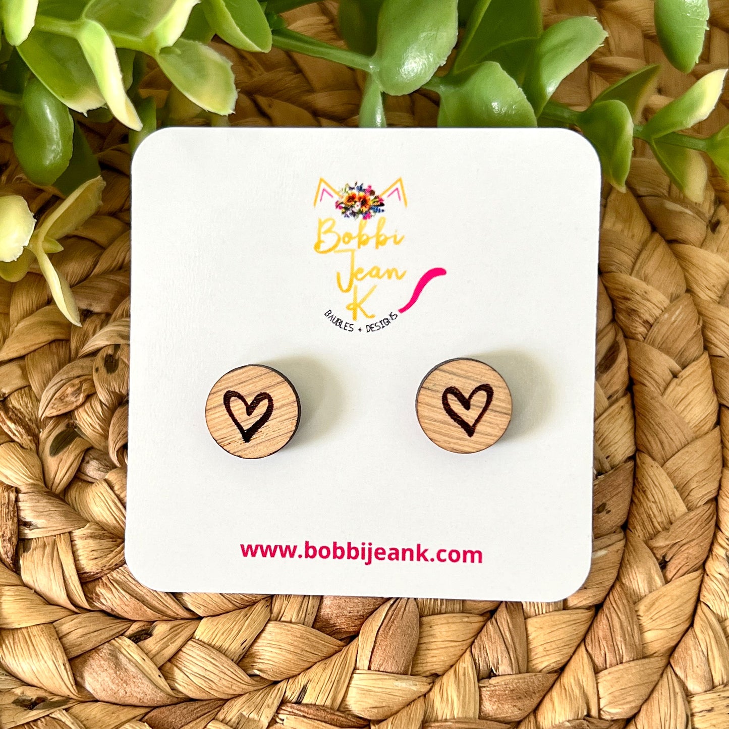 Engraved Heart Wood Studs: Choose From 3 Wood Options