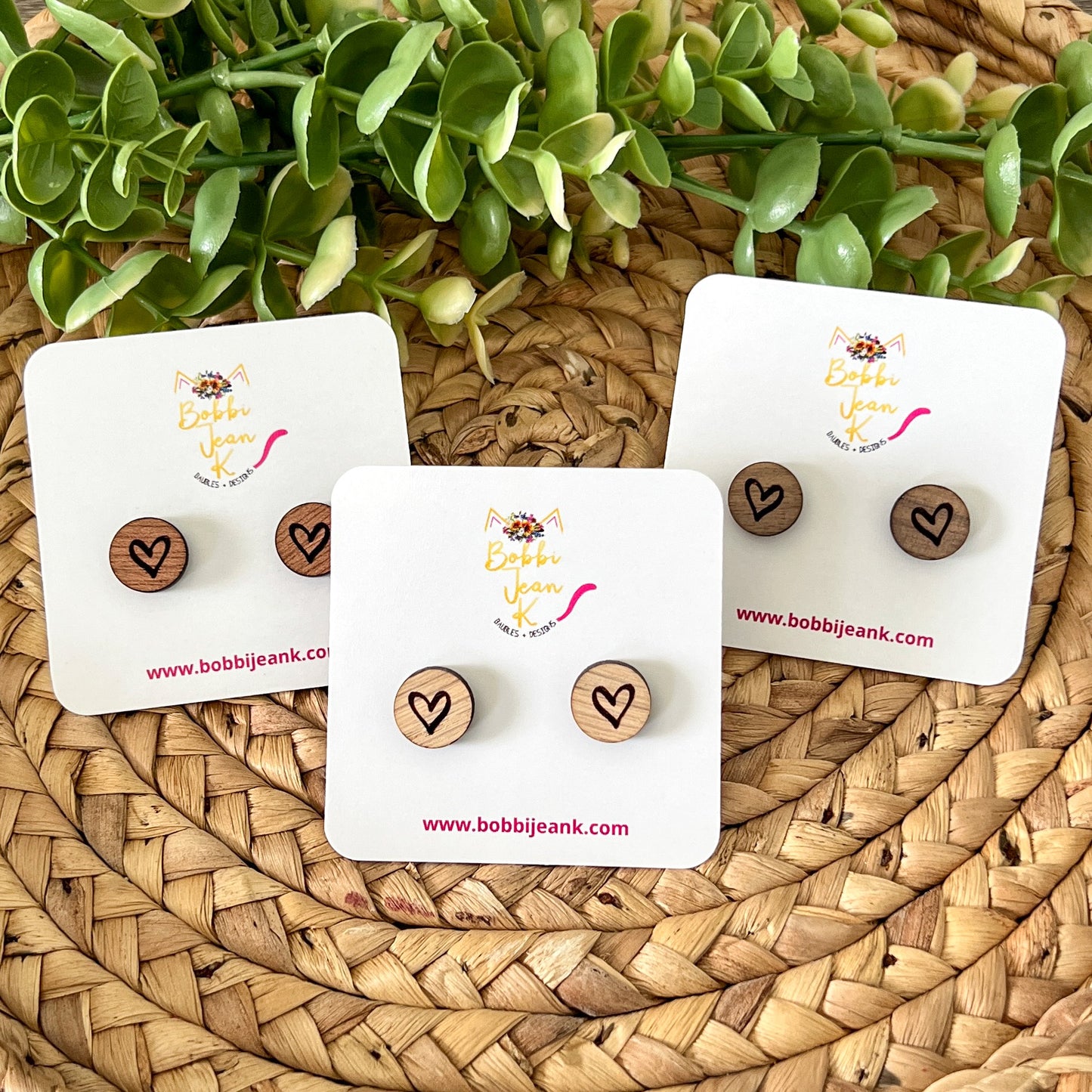 Engraved Heart Wood Studs: Choose From 3 Wood Options