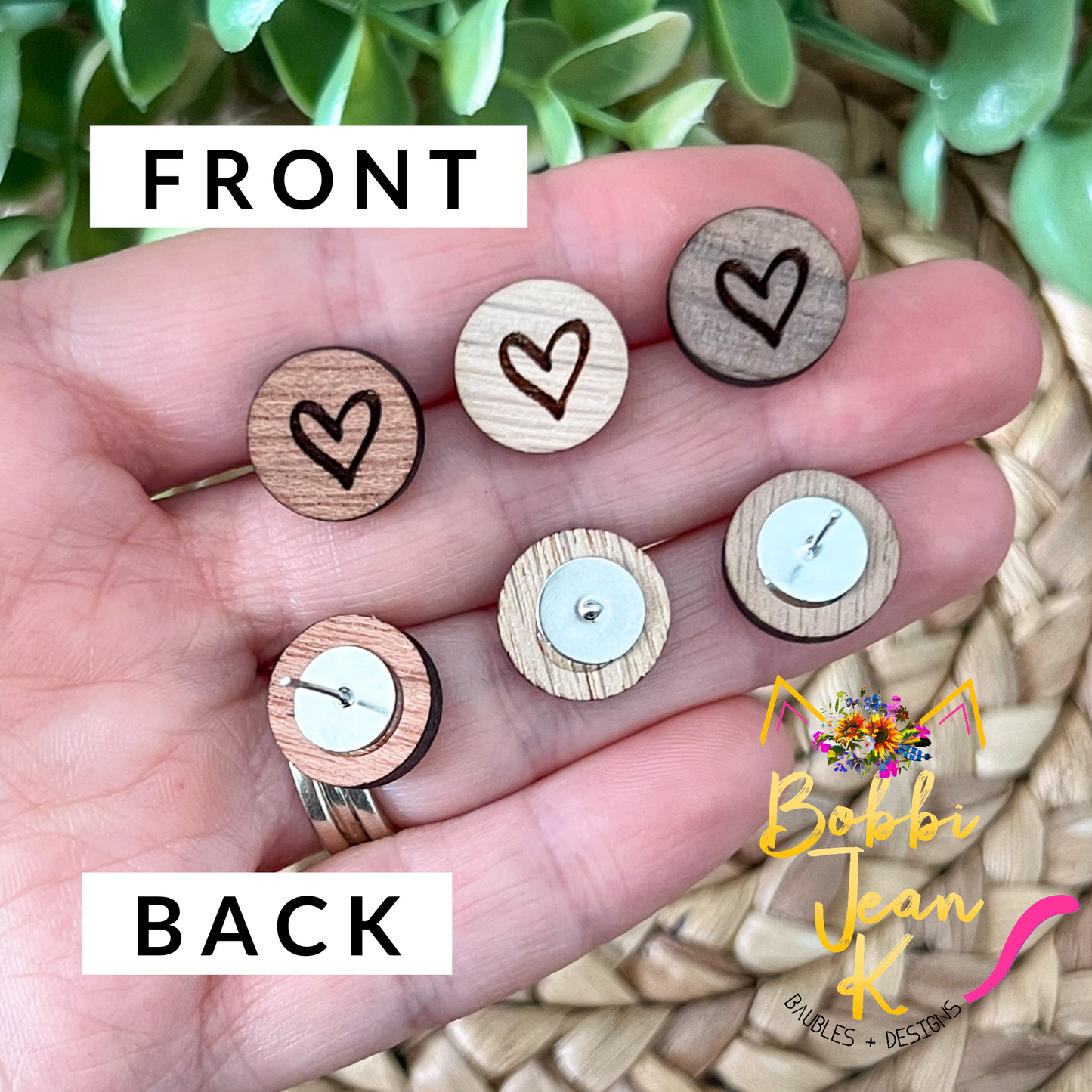 Engraved Heart Wood Studs: Choose From 3 Wood Options