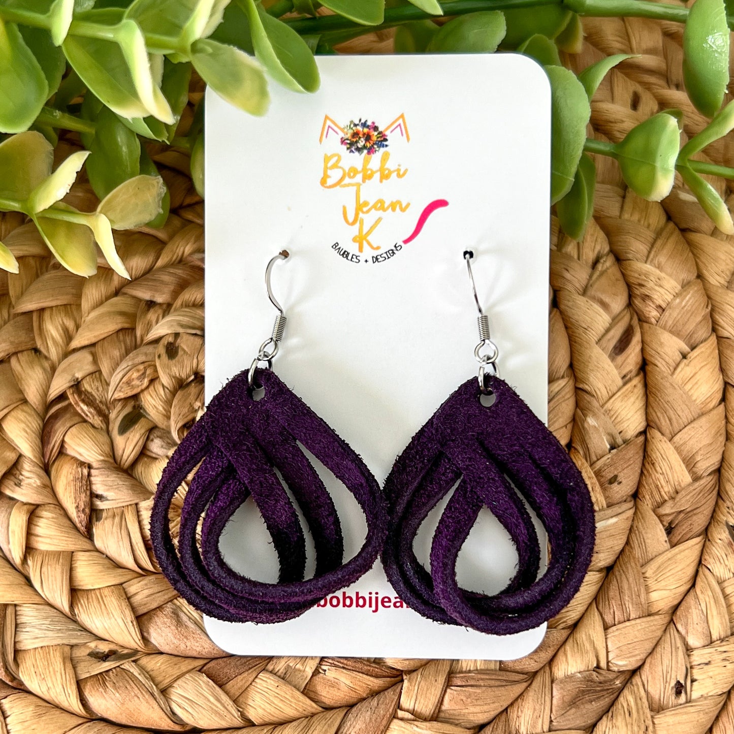 Dark Purple Loop Suede Leather Earrings