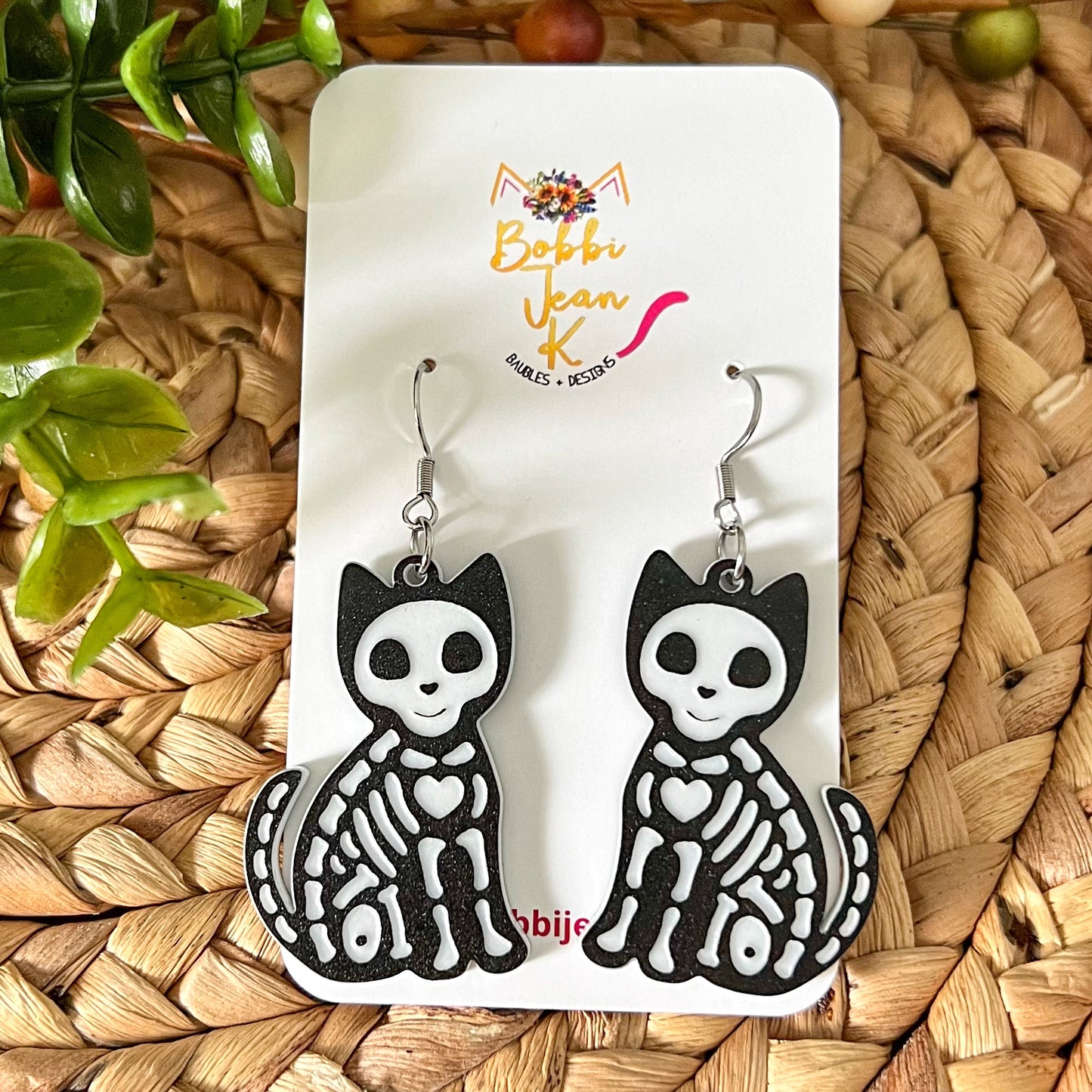 Skelton Cat & Dog Acrylic Earrings