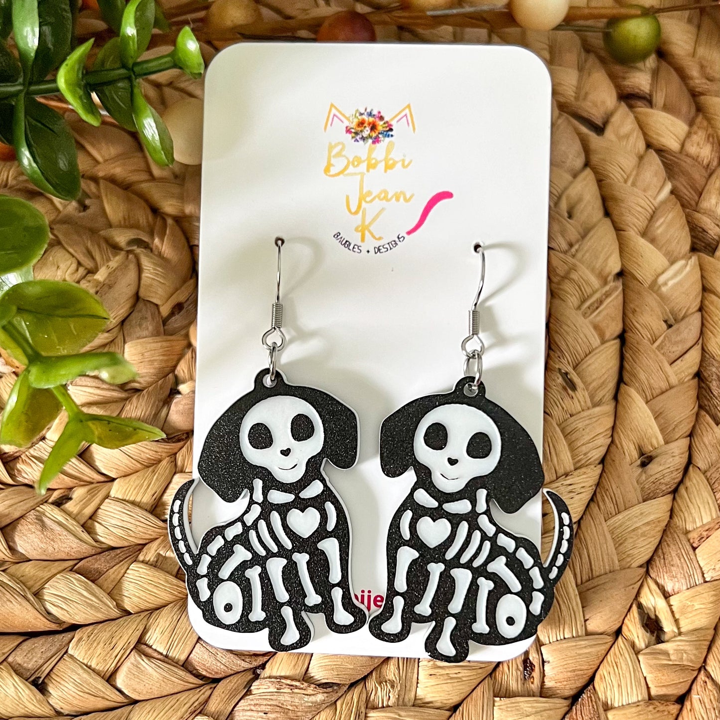 Skelton Cat & Dog Acrylic Earrings