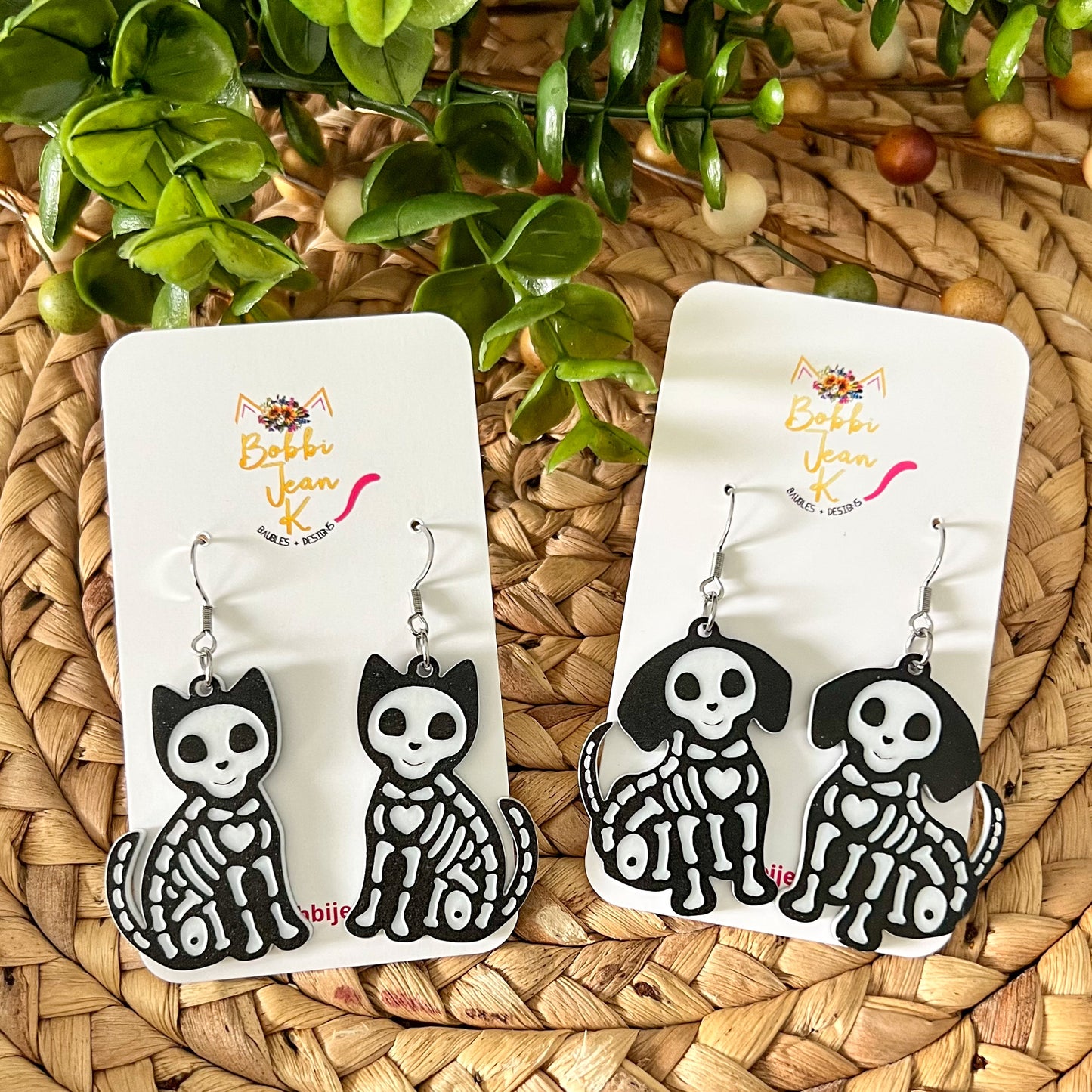 Skelton Cat & Dog Acrylic Earrings