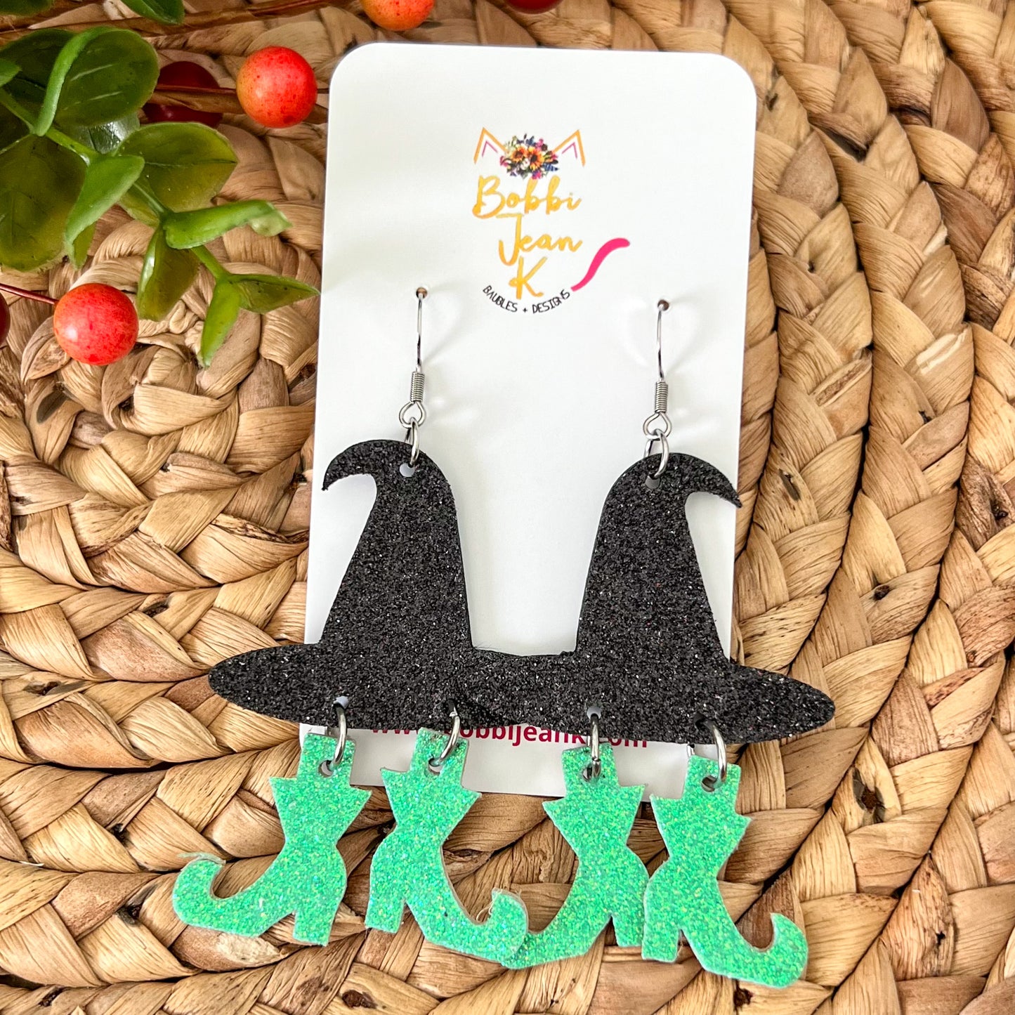 Infused Glitter Witch Hat & Boot Leather Earrings: Choose From 4 Color Options