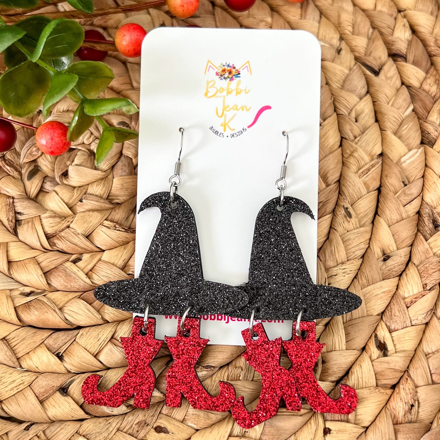 Infused Glitter Witch Hat & Boot Leather Earrings: Choose From 4 Color Options