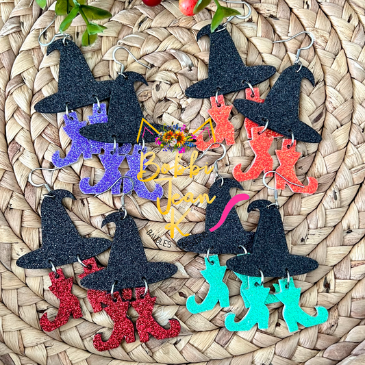 Infused Glitter Witch Hat & Boot Leather Earrings: Choose From 4 Color Options