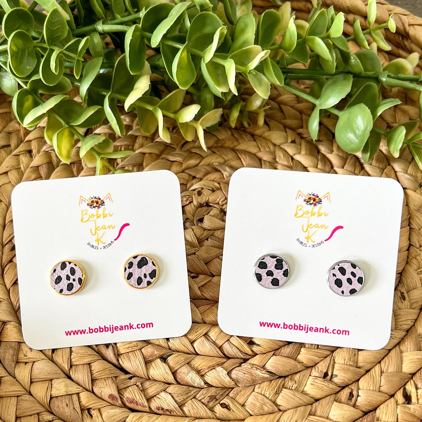 Lavender, Blue, and/or Cantaloupe Spotted Leather Studs: Choose Set of 3 or Individual in Silver or Gold Settings