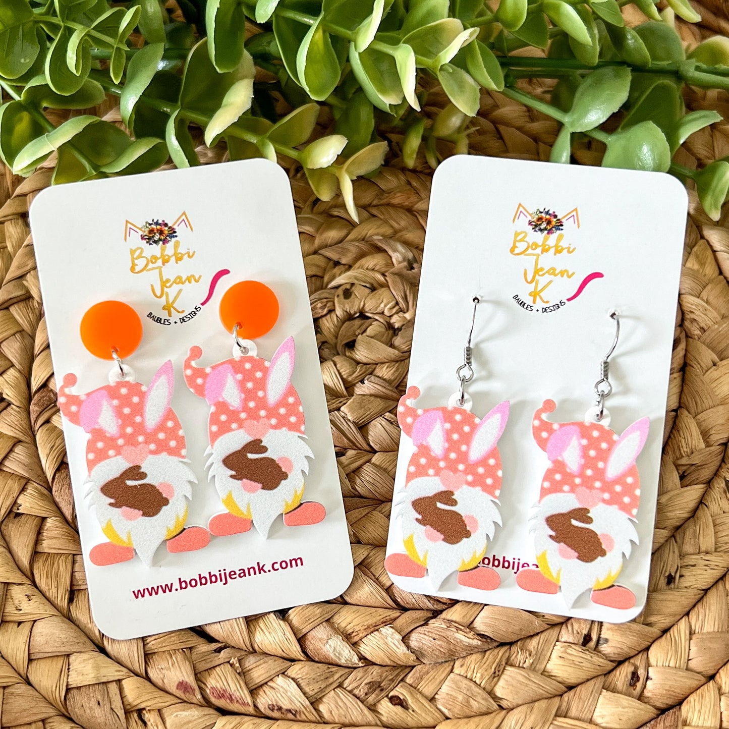 SALE: Orange Gnome with Chocolate Bunny Acrylic Dangle Earrings: Choose Stud or Ear Wire