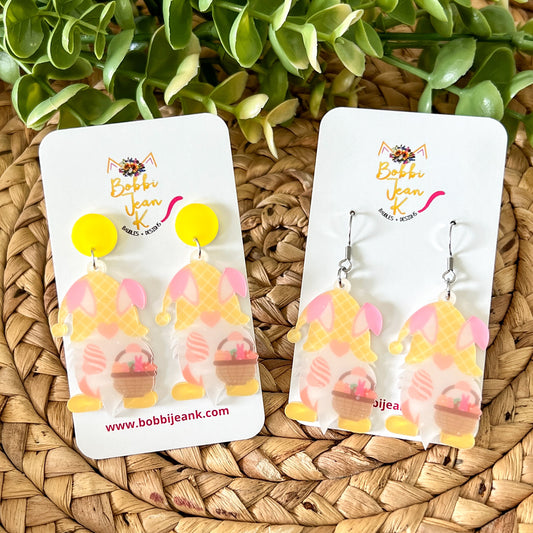 SALE: Yellow Gnome with Basket Acrylic Dangle Earrings: Choose Stud or Ear Wire - ONLY ONE LEFT