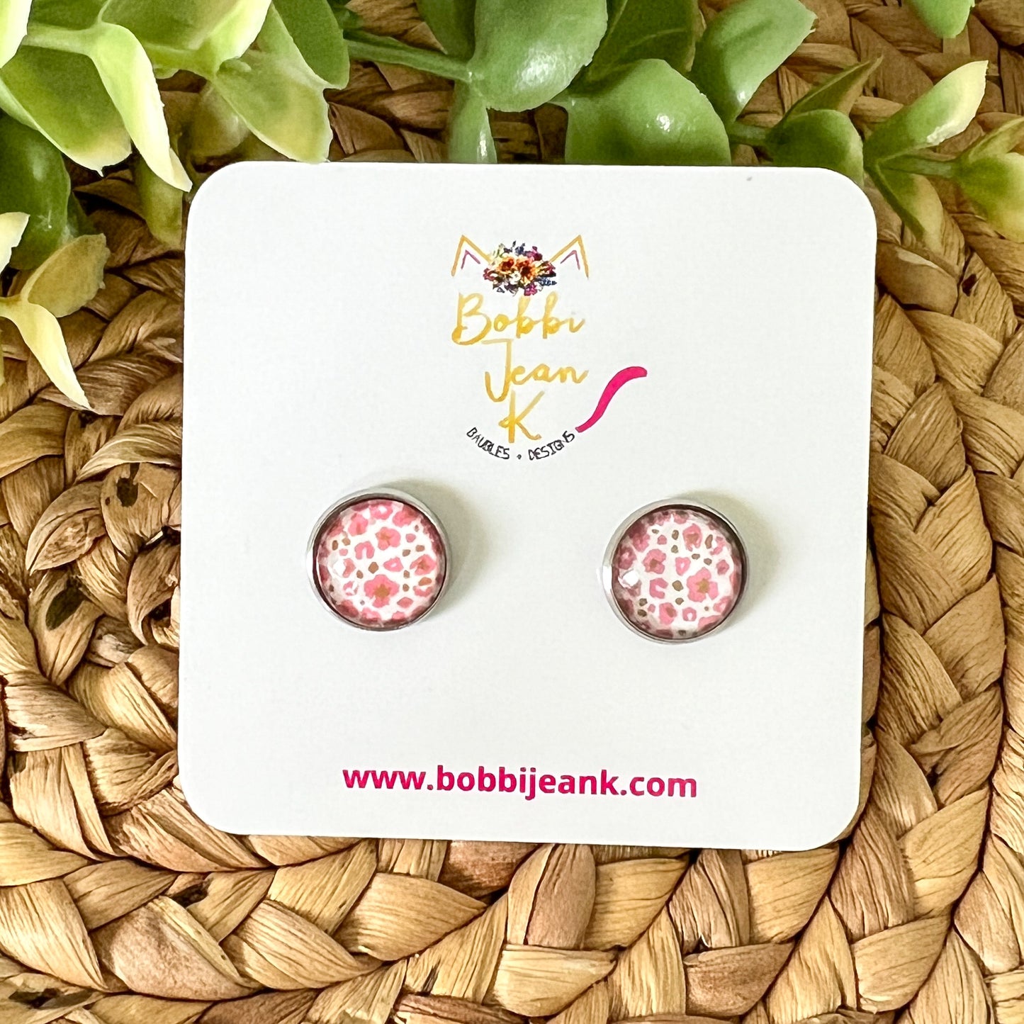 Pretty Pink Leopard Animal Print Glass Studs 12mm: Choose Silver or Gold Settings