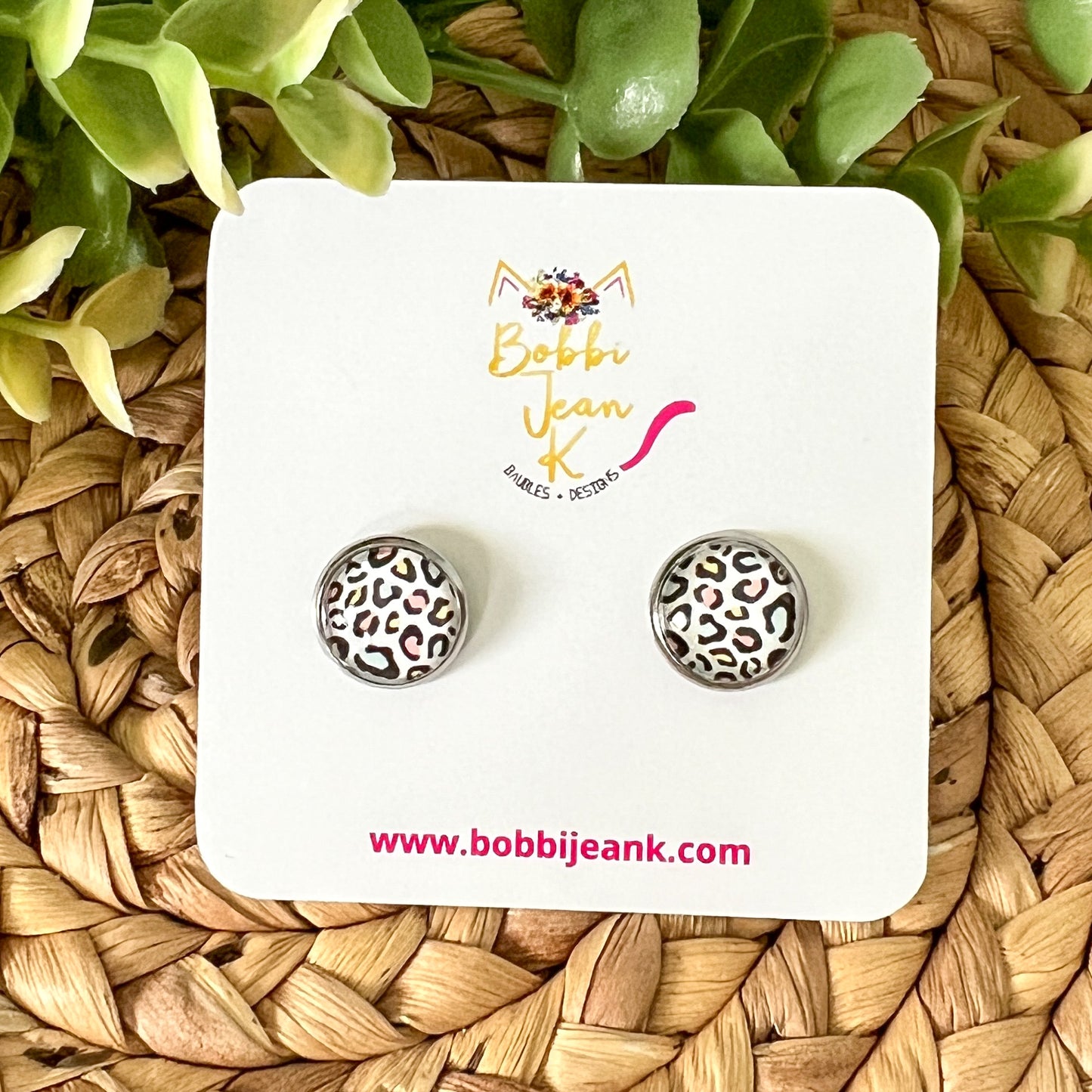 Pastel Leopard Animal Print Glass Studs 12mm: Choose Silver or Gold Settings