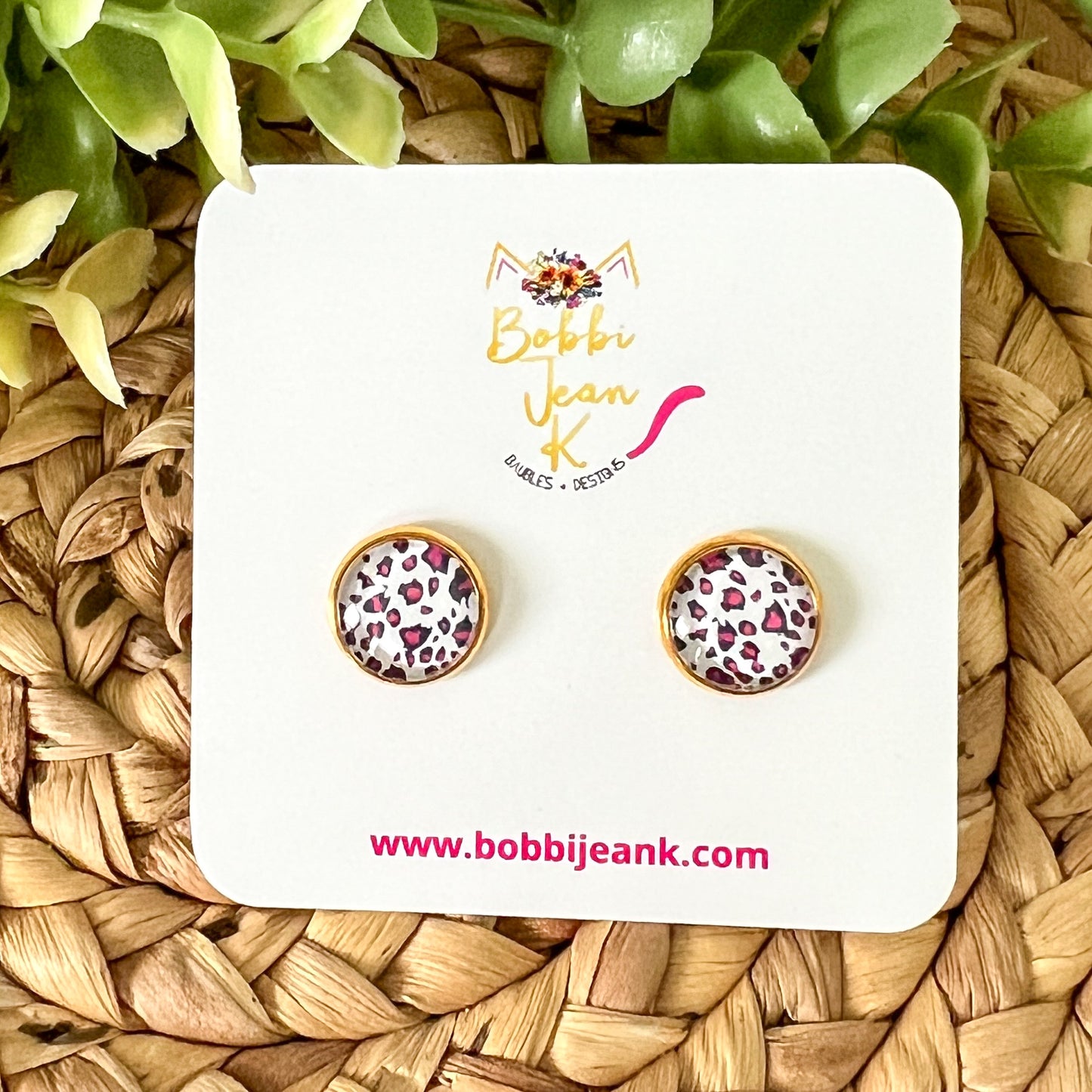 Fuchsia & Black Spotted Animal Print Glass Studs 12mm: Choose Silver or Gold Settings