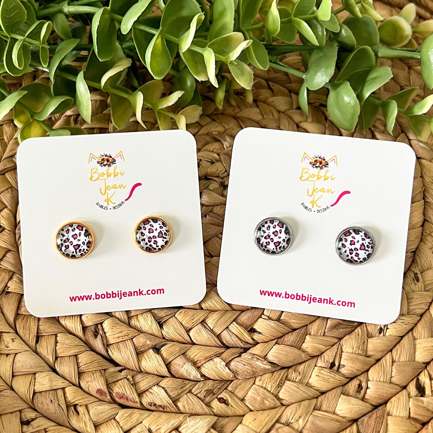 Fuchsia & Black Spotted Animal Print Glass Studs 12mm: Choose Silver or Gold Settings