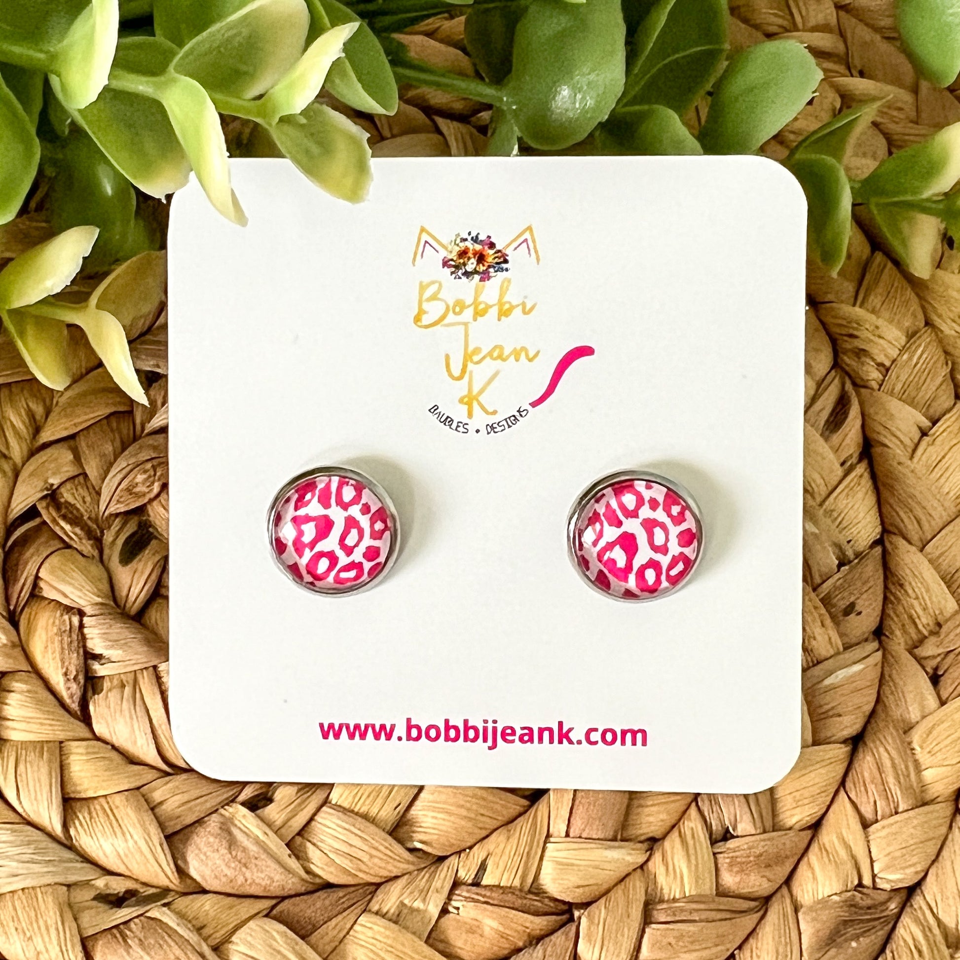 Pink Leopard Animal Print Glass Studs 12mm: Choose Silver or Gold Settings